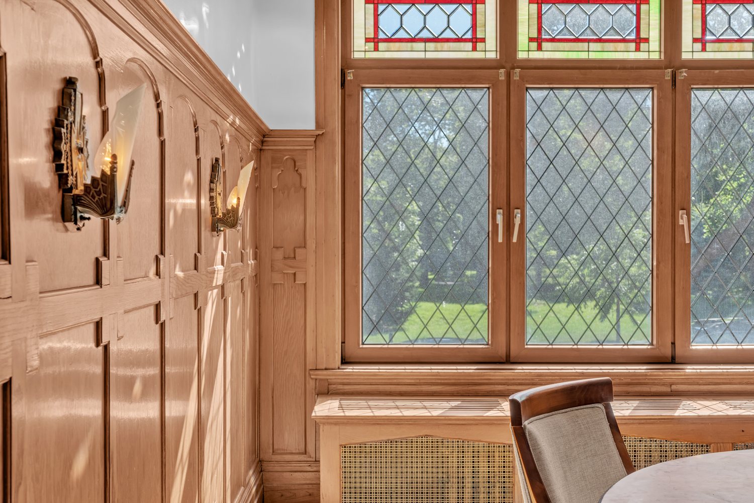 Stained and leaded glass window detail