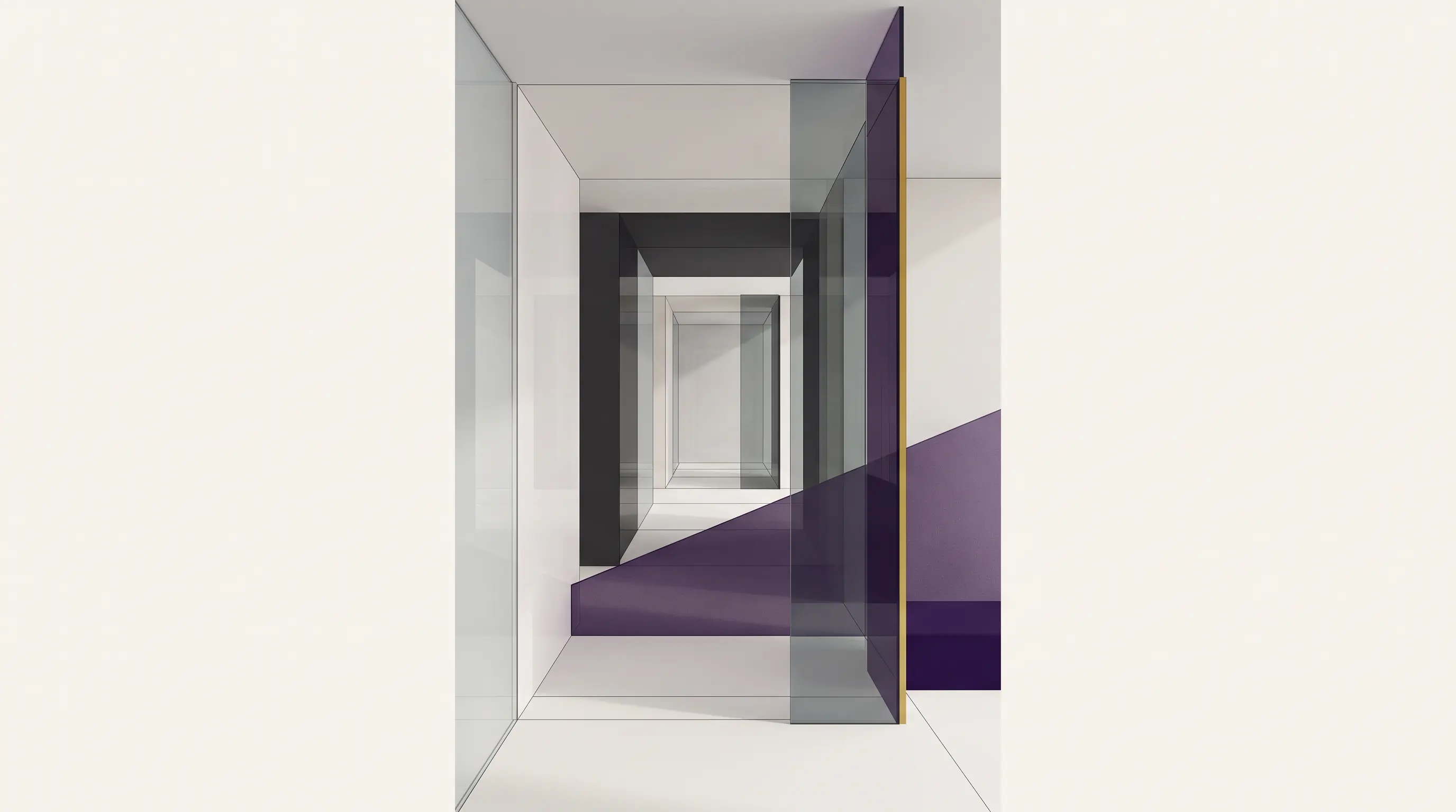 Abstract architectural artwork with layered purple geometry and a vertical gold line